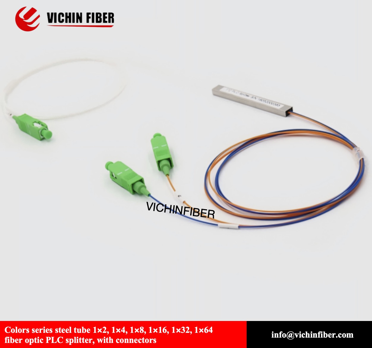 Colors series steel tube 1x2, 1x4, 1x8, 1x16, 1x32, 1x64 fiber optic PLC splitter, with connectors