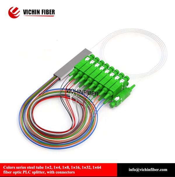 Colors series steel tube 1x2, 1x4, 1x8, 1x16, 1x32, 1x64 fiber optic PLC splitter, with connectors