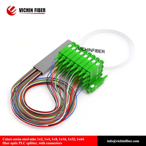 Colors series steel tube 1x2, 1x4, 1x8, 1x16, 1x32, 1x64 fiber optic PLC splitter, with connectors