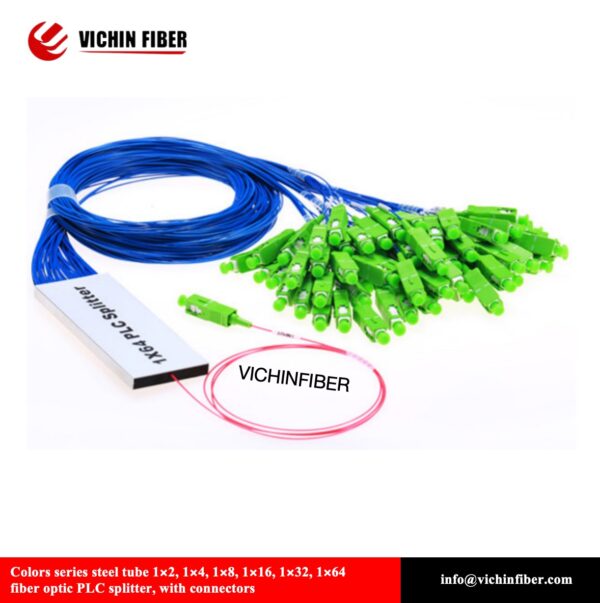 Colors series steel tube 1x2, 1x4, 1x8, 1x16, 1x32, 1x64 fiber optic PLC splitter, with connectors
