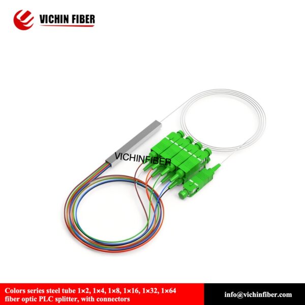 Colors series steel tube 1x2, 1x4, 1x8, 1x16, 1x32, 1x64 fiber optic PLC splitter, with connectors